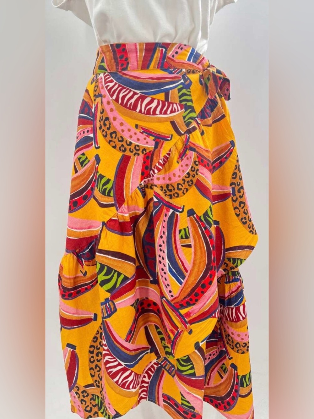 Farm Rio Yellow Linen Tropical Banana Wrap Skirt Midi Floral Ruffle Large
